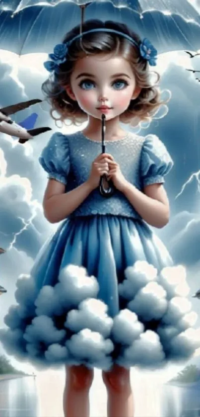 Whimsical girl with cloud dress and umbrella in fantasy setting.