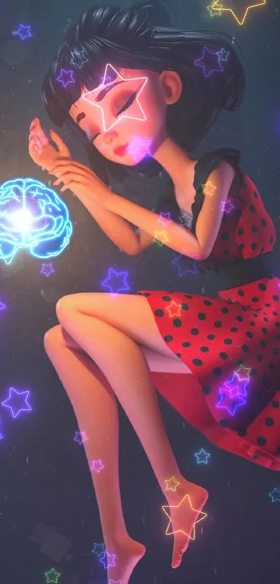 Sleeping girl in red dress with glowing brain wallpaper.