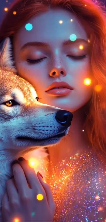 A dreamy girl poses with a glowing wolf under magical lights.