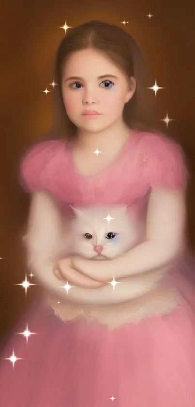 A young girl in pink holding a white kitten with a warm brown background.