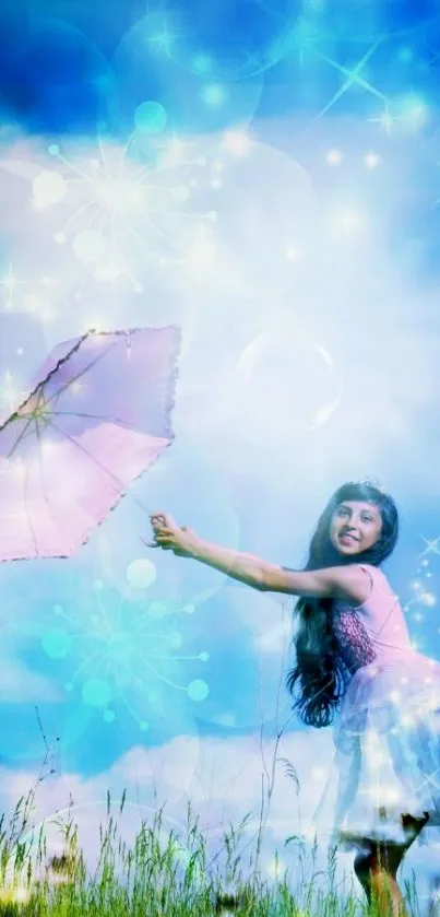 Girl with umbrella in dreamy pastel sky wallpaper.