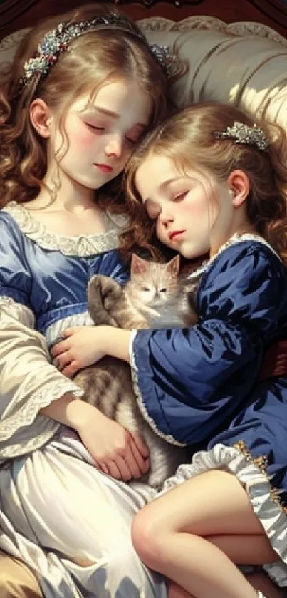 Two girls in blue dresses, holding a cat, resting on a chair.