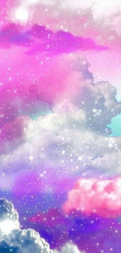 Dreamy glitter sky wallpaper with pastel clouds and stars.