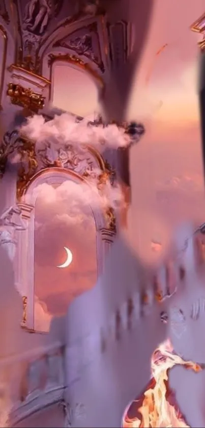 Dreamy Baroque sky with crescent moon and golden tones.