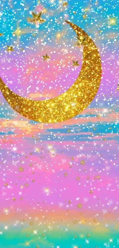 Dreamy wallpaper with a gold moon and stars on a pastel sky.