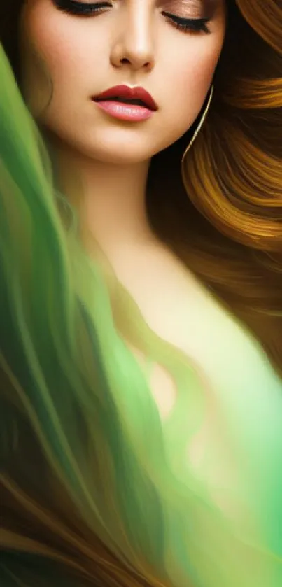 Dreamy portrait of a woman with green flowing hair.