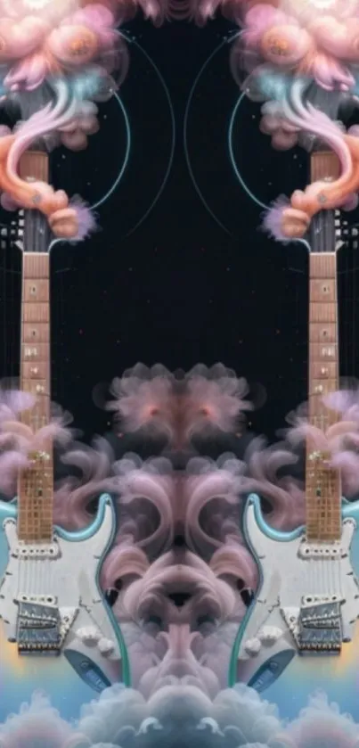 Surreal electric guitar art with dreamy clouds and sky blue tones.