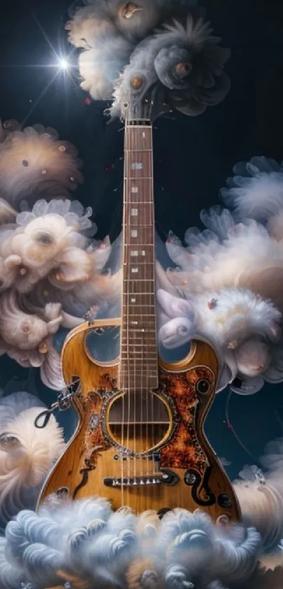 Artistic guitar surrounded by clouds under a starry sky.