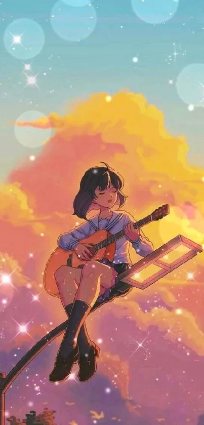 Dreamy anime girl plays guitar on a lamp post under stars.