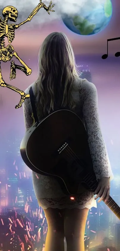 A woman with a guitar stands in a dreamy cityscape with fantasy elements.