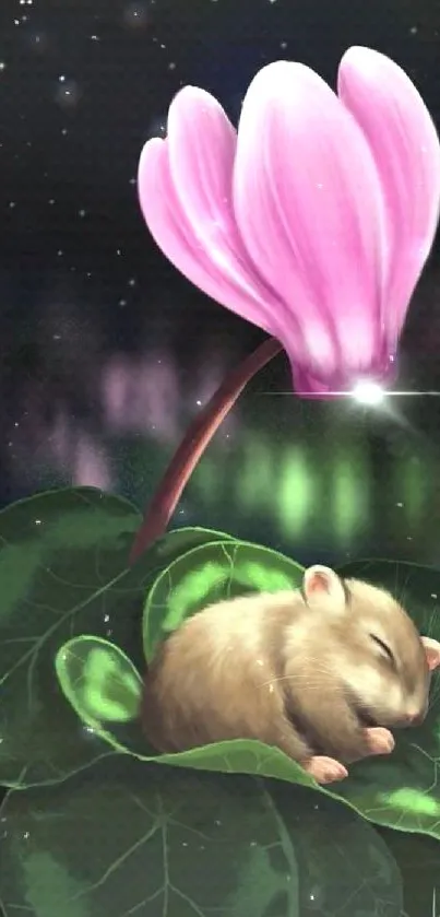 Sleeping hamster beneath a pink flower under a starry night sky on a mobile wallpaper.