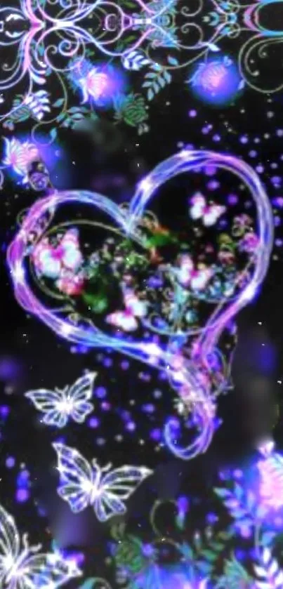 A glowing heart with butterflies on a dark floral background.