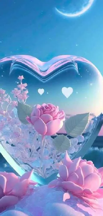 Glass heart with pink roses under a crescent moon in twilight sky.