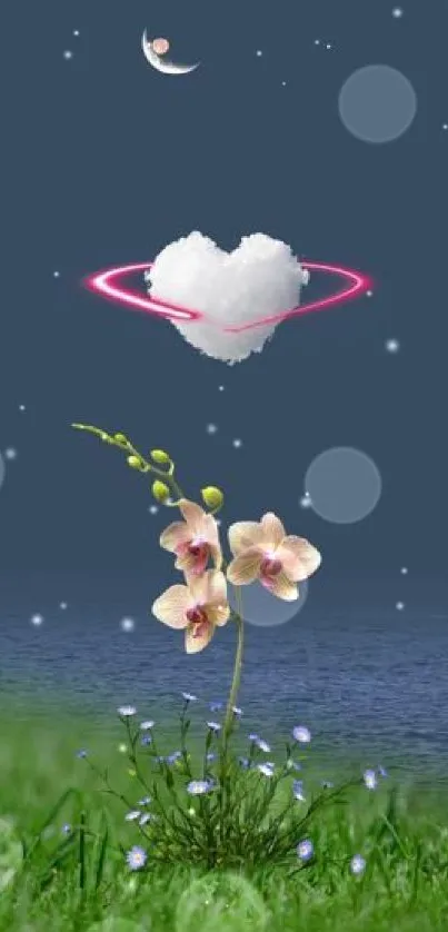 Heart-shaped cloud with neon rings above orchids in a night sky.