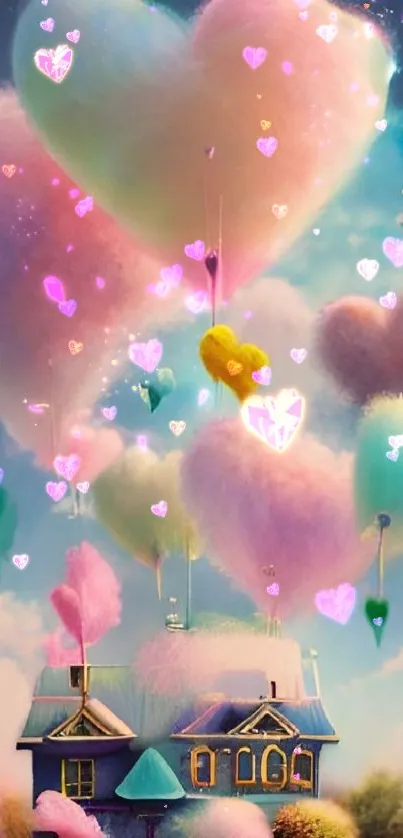 Mobile wallpaper with heart-shaped balloons floating above a vivid house.