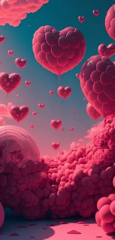 Hearts balloons in dreamy pink sky.