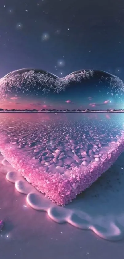 Heart-shaped crystal on a serene purple beach.