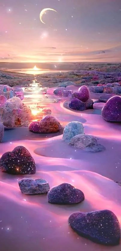 Dreamy sunset with heart-shaped stones on a pastel beach.