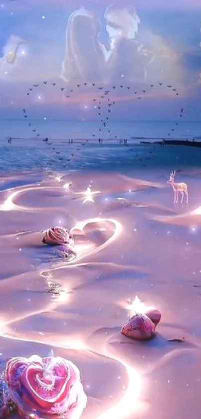 Dreamy beach with glowing hearts under a purple sky mobile wallpaper.