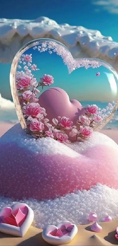 Dreamy pink heart in crystal on a sandy beach with flowers and ocean backdrop.