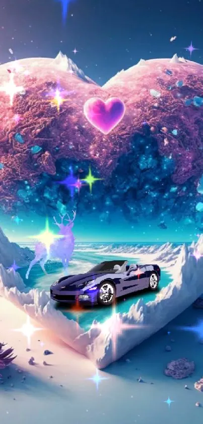 Dreamy heart and car in fantasy wallpaper scene.