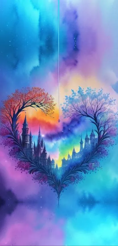 Heart-shaped castle in a colorful fantasy sky wallpaper.