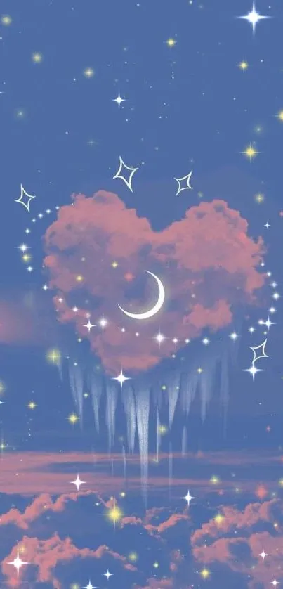 Heart-shaped cloud with stars and moon on a blue sky background.