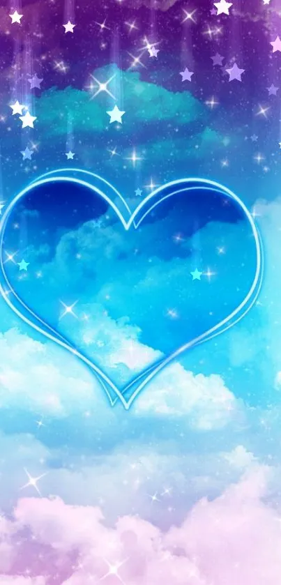 Dreamy heart-shaped cloud wallpaper with vibrant blues and glowing stars.