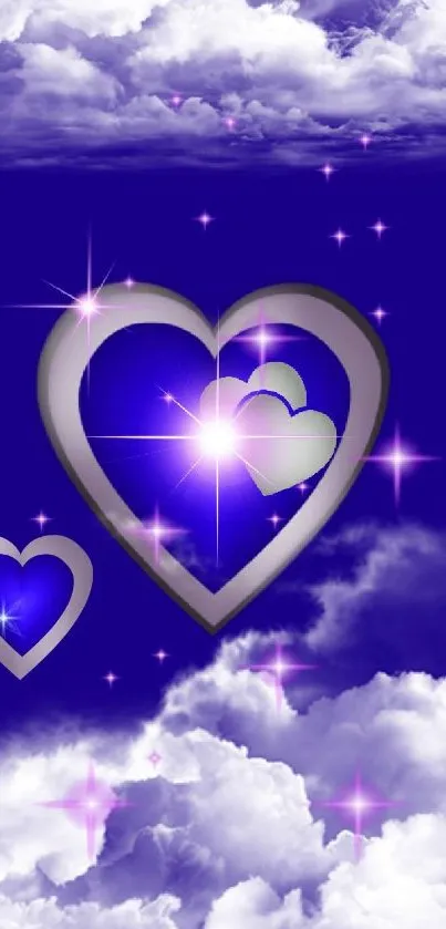 Purple sky with silver hearts and clouds in a dreamy mobile wallpaper.