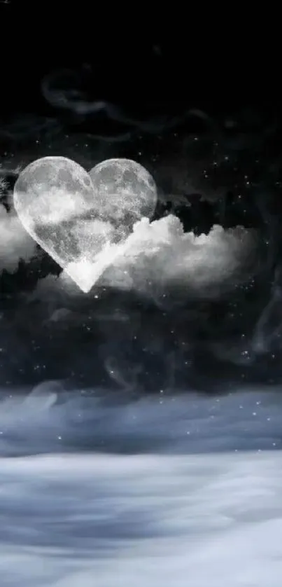 Heart-shaped cloud with starry night sky on wallpaper.