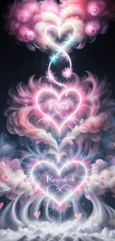 Dreamy heart cloudscape wallpaper with pink and blue hues.