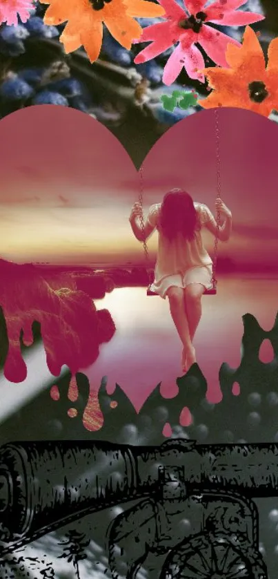 Pink heart collage wallpaper with a girl on a swing and abstract flowers.