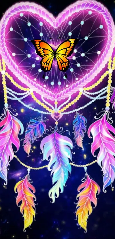 Purple heart dreamcatcher with butterfly and colorful feathers.