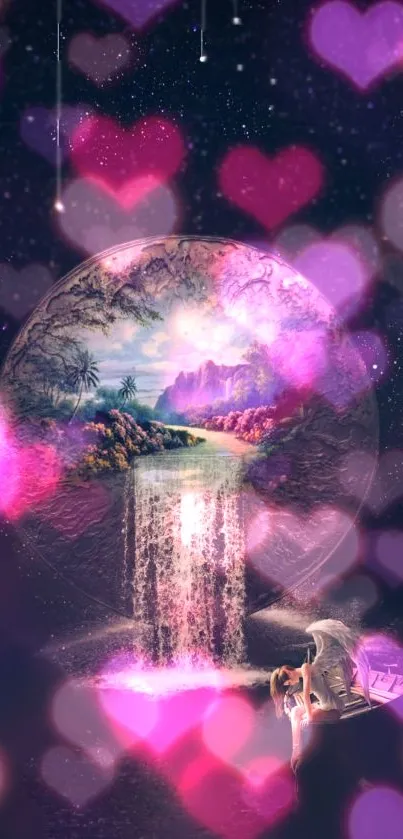 Dreamy landscape with hearts and waterfall on mobile wallpaper.