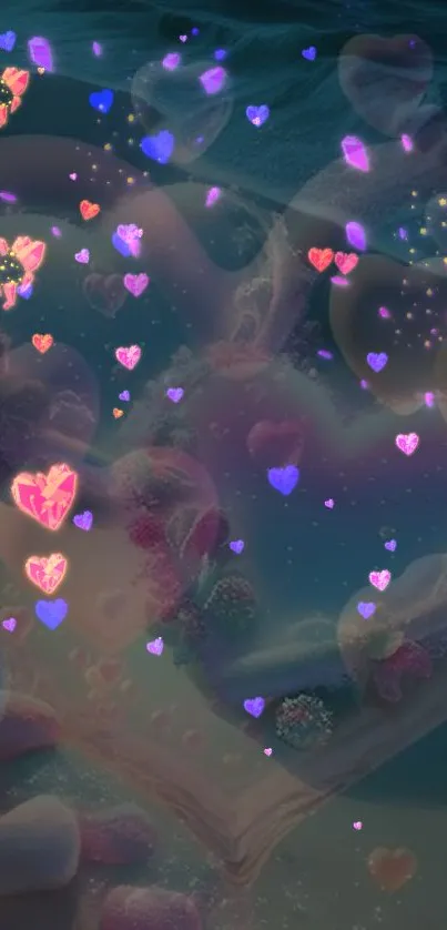 Dreamy heart-themed wallpaper with glowing colorful hearts and a night sky.