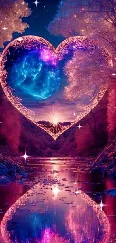 Heart-shaped purple night scene with cosmic vibes.