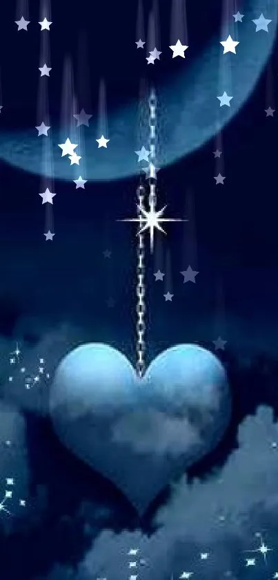 Dreamy heart hanging beneath a crescent moon in a starry night sky.