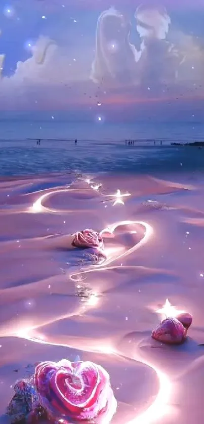 Heart path glows under purple night sky.