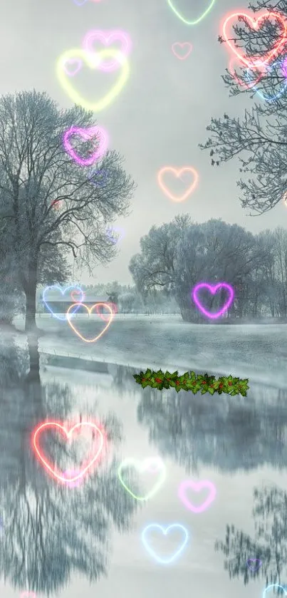 Serene river with neon hearts, creating a dreamy vibe.