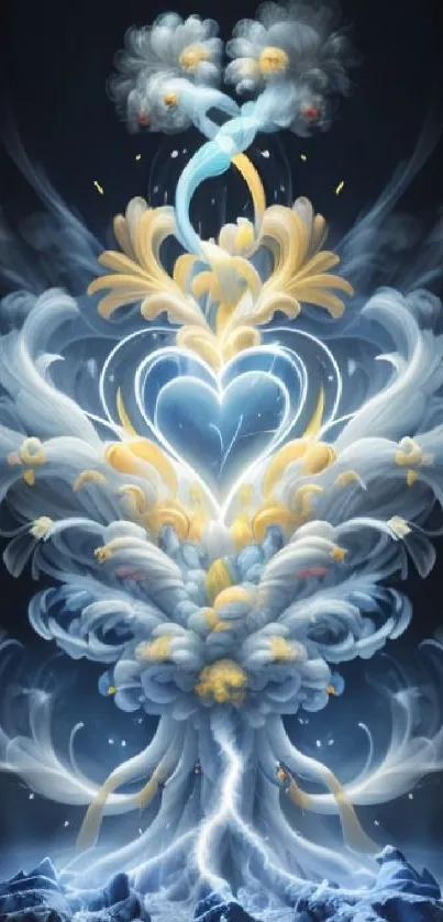 Heart-shaped cloud in dreamy blue and yellow hues wallpaper.