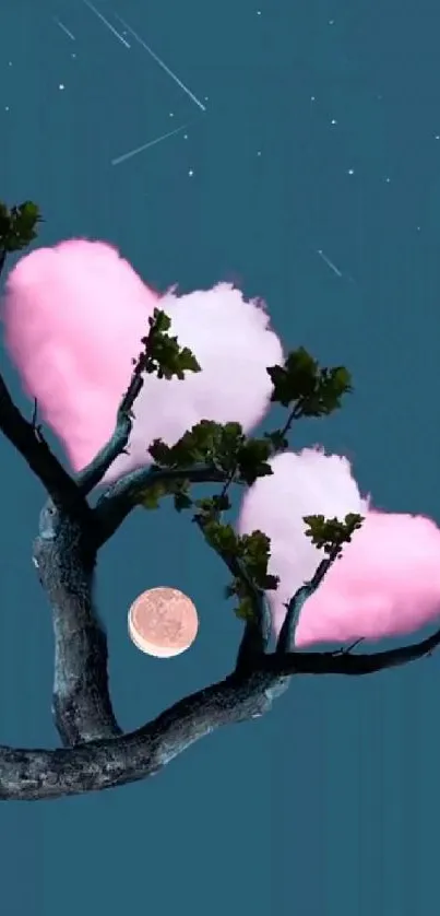 Heart-shaped pink clouds with moon on a blue sky.