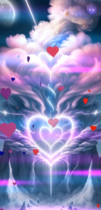 Heart-shaped cloud in a celestial night sky with pink hues.