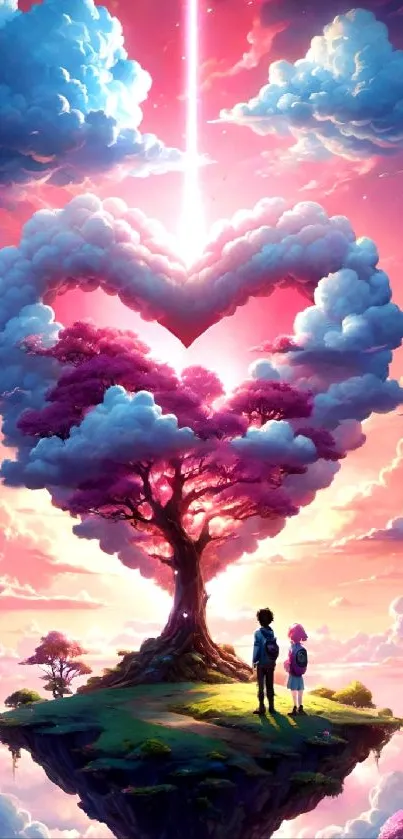 Heart-shaped tree with vibrant sky and clouds in fantasy landscape.