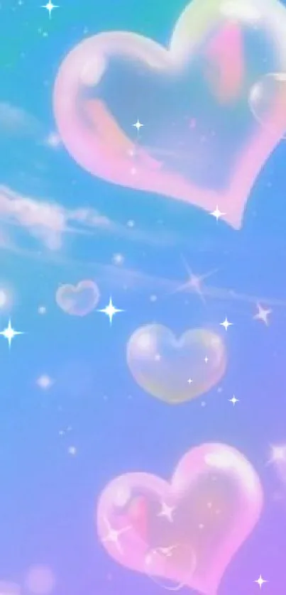 Dreamy sky with pastel heart balloons and clouds wallpaper.