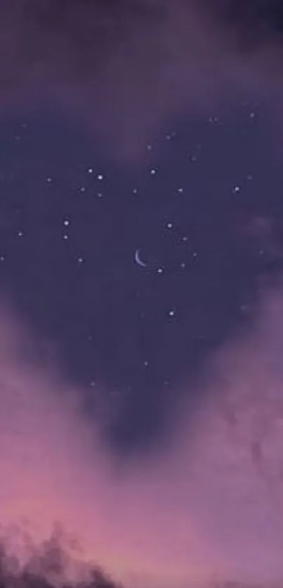 Heart-shaped cloud with stars and moon in a purple night sky wallpaper.