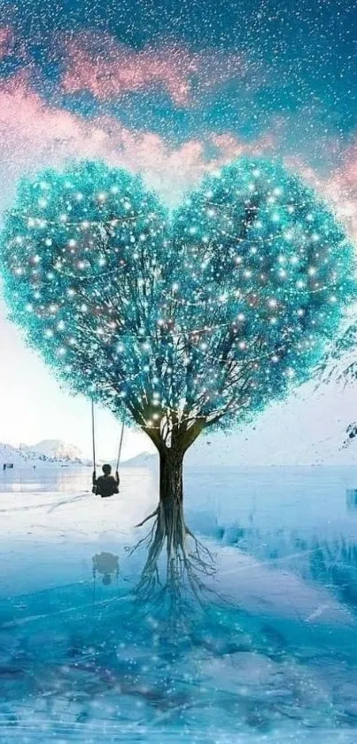 Heart-shaped tree reflecting on icy water under a starry sky.