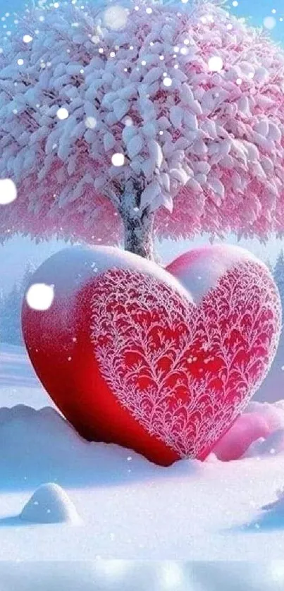 Heart-shaped pink tree in snowy landscape mobile wallpaper.