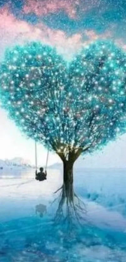 Heart-shaped tree with teal lights reflecting over a blue lake.