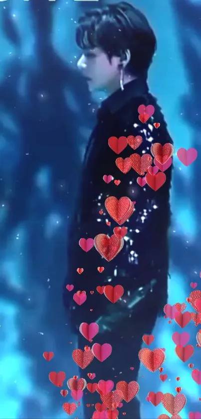 Artistic scene of a person with surrounding hearts on a dreamy blue background.