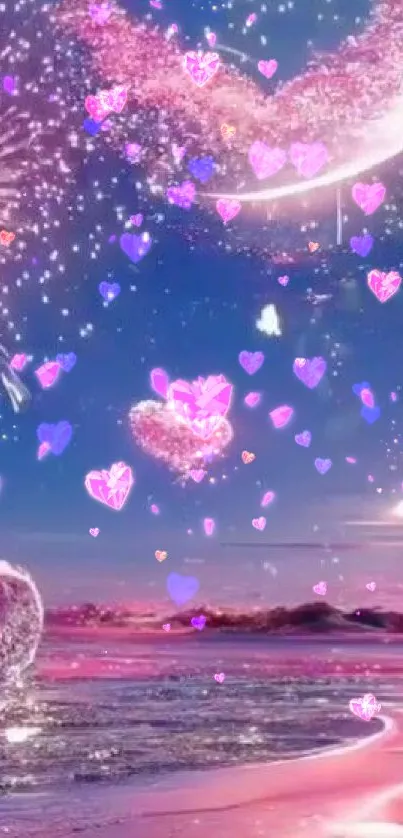 Magical nightscape with pink hearts and fireworks over shimmering waters.